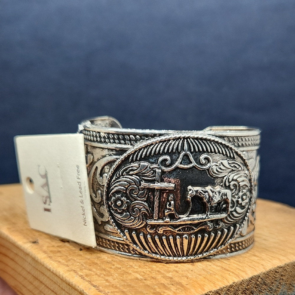 NWT Isac Trading Praying Cowboy‎ Silver Tone Cuff Western Bracelet